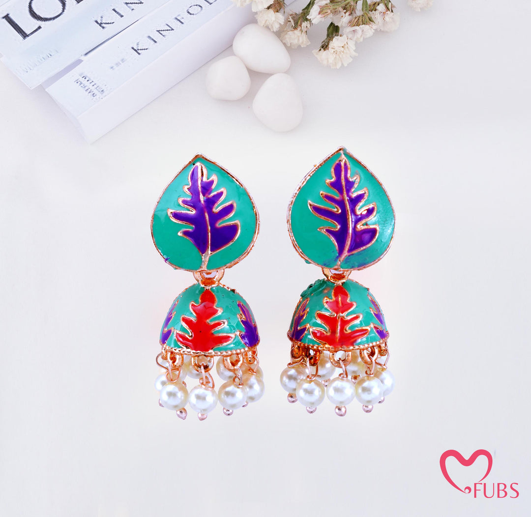 Leaf Print Jhumka Earrings with Pearl Beads