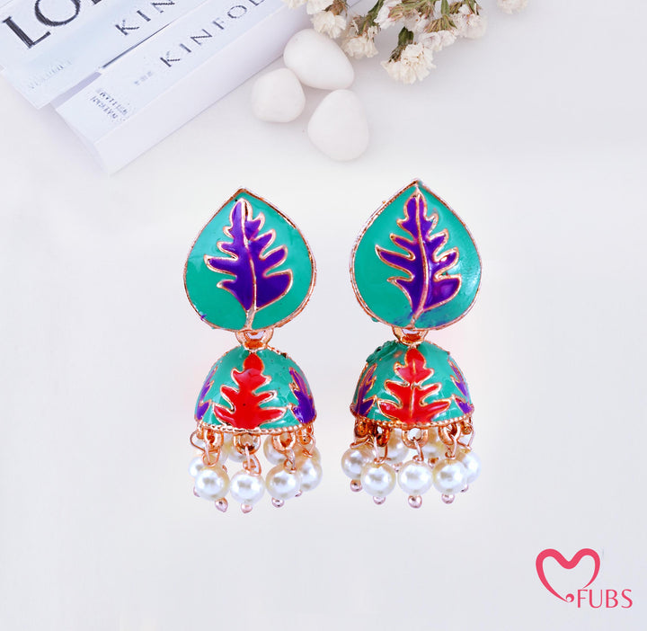 Leaf Print Jhumka Earrings with Pearl Beads