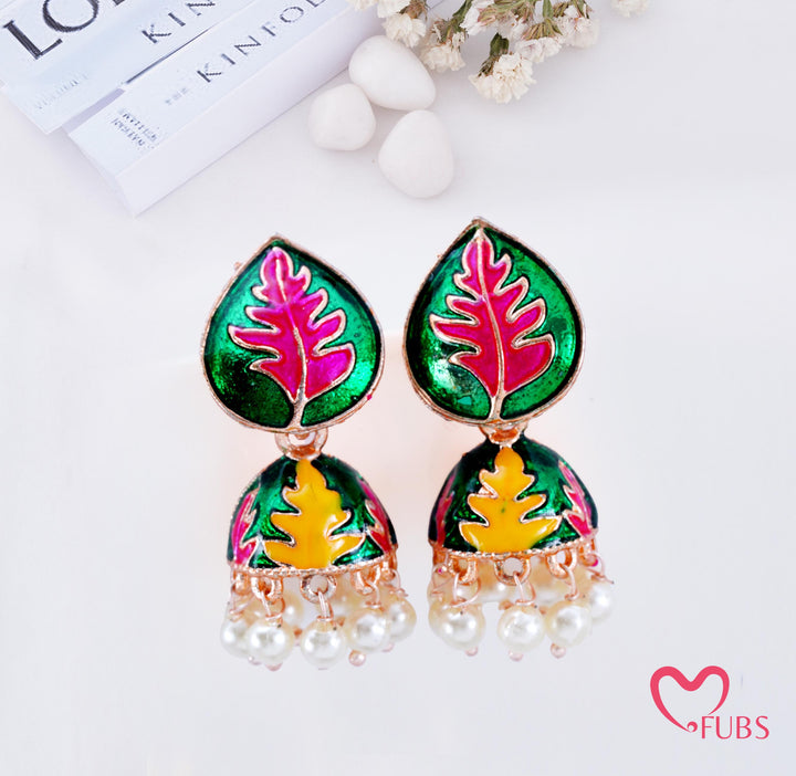 Leaf Print Jhumka Earrings with Pearl Beads