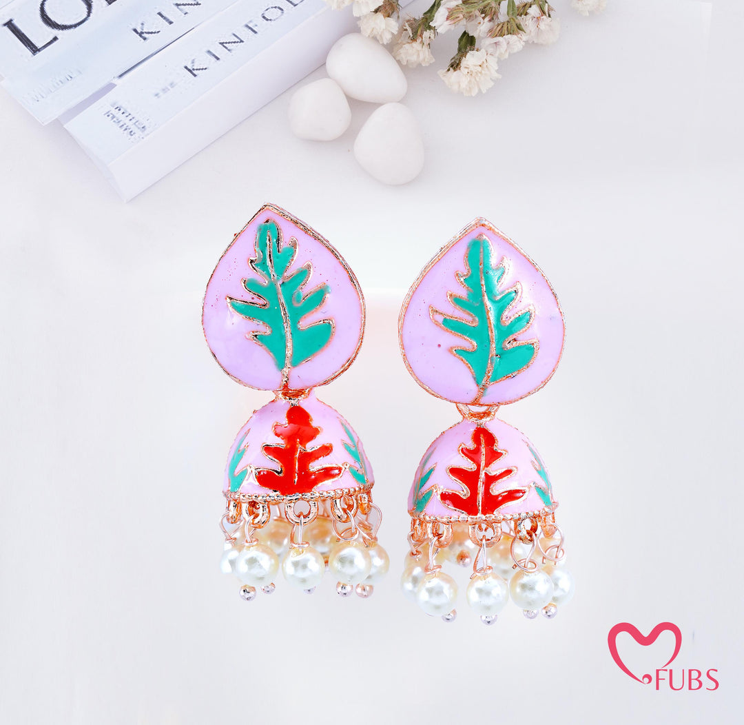 Leaf Print Jhumka Earrings with Pearl Beads