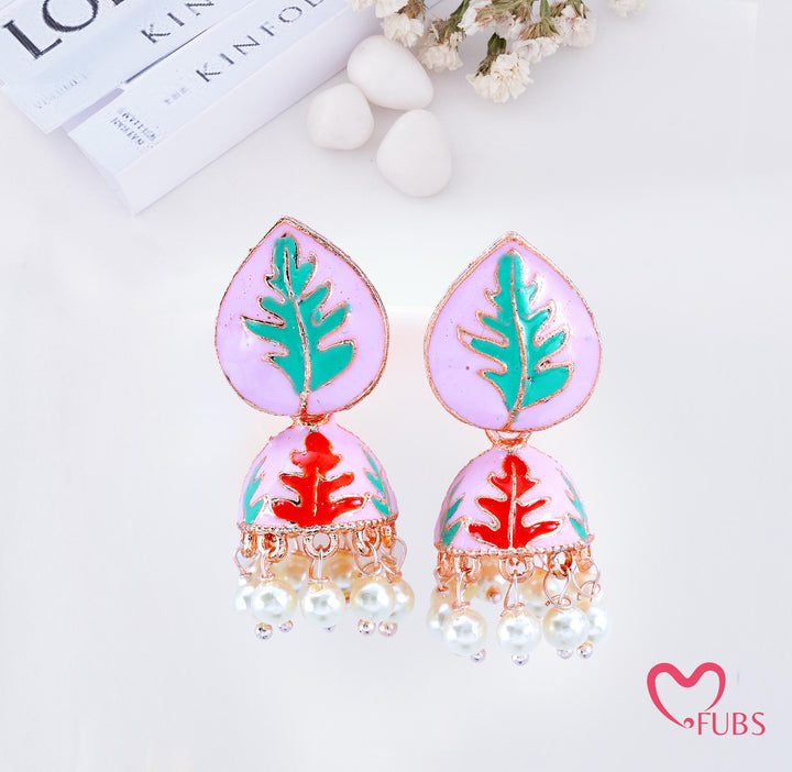Leaf Print Jhumka Earrings with Pearl Beads