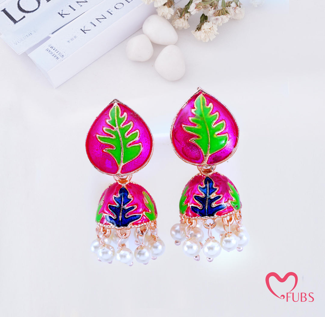 Leaf Print Jhumka Earrings with Pearl Beads