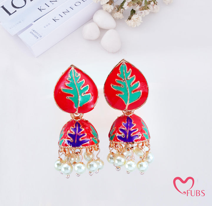 Leaf Print Jhumka Earrings with Pearl Beads