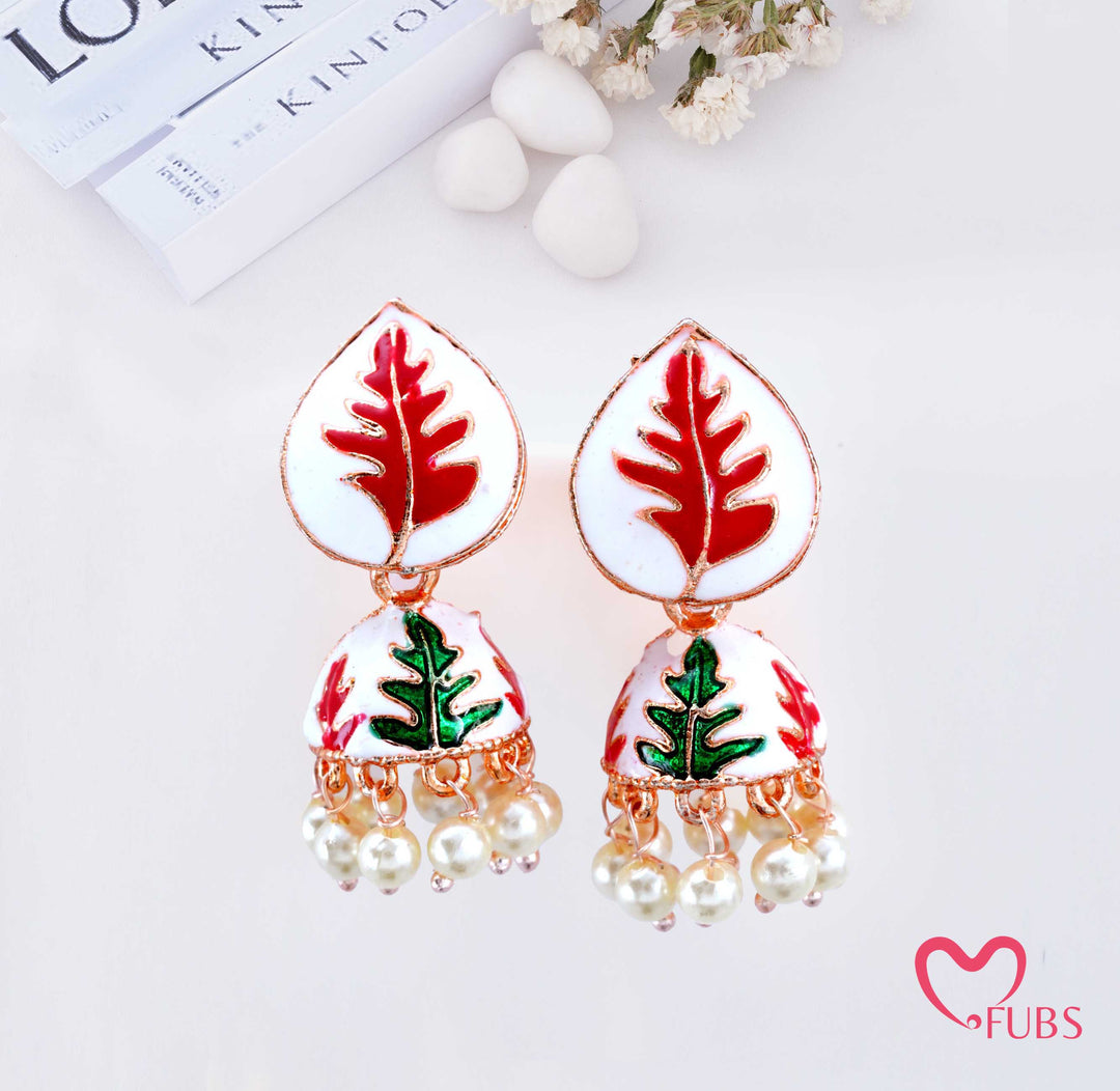 Leaf Print Jhumka Earrings with Pearl Beads