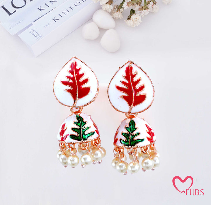 Leaf Print Jhumka Earrings with Pearl Beads