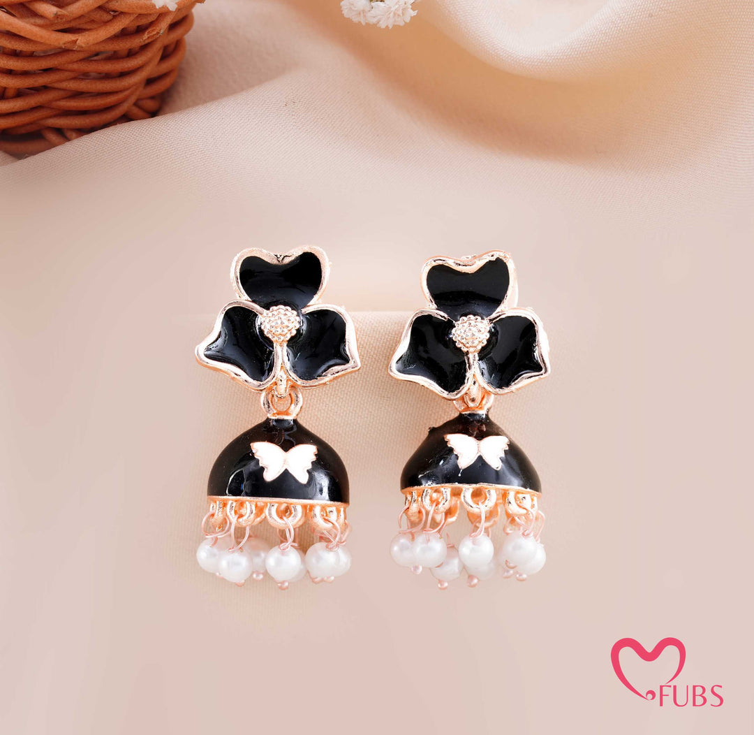 Floral Jhumka Earrings with Butterfly Detail and Pearl Drops