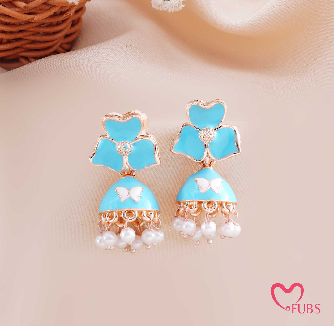 Floral Jhumka Earrings with Butterfly Detail and Pearl Drops