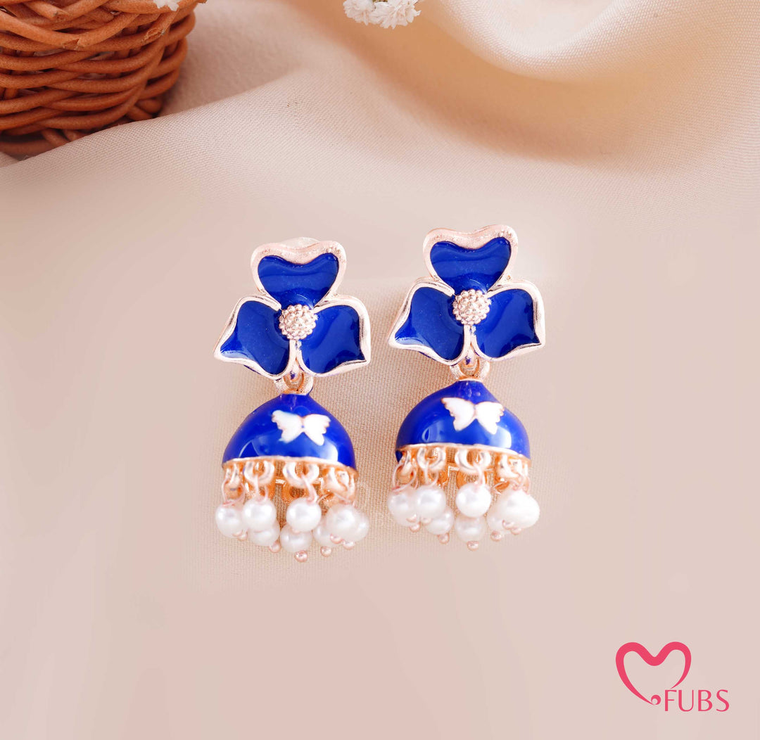 Floral Jhumka Earrings with Butterfly Detail and Pearl Drops