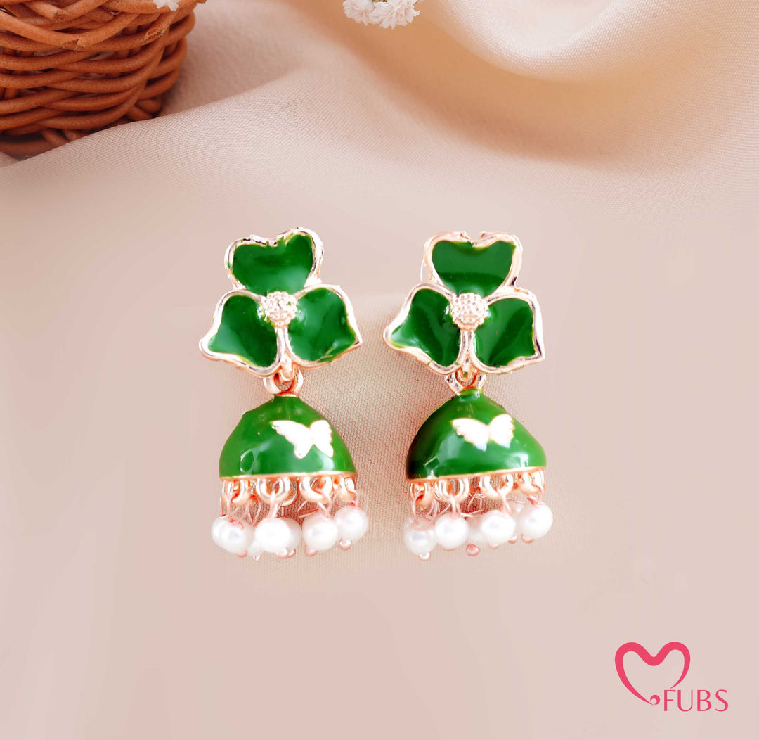 Floral Jhumka Earrings with Butterfly Detail and Pearl Drops