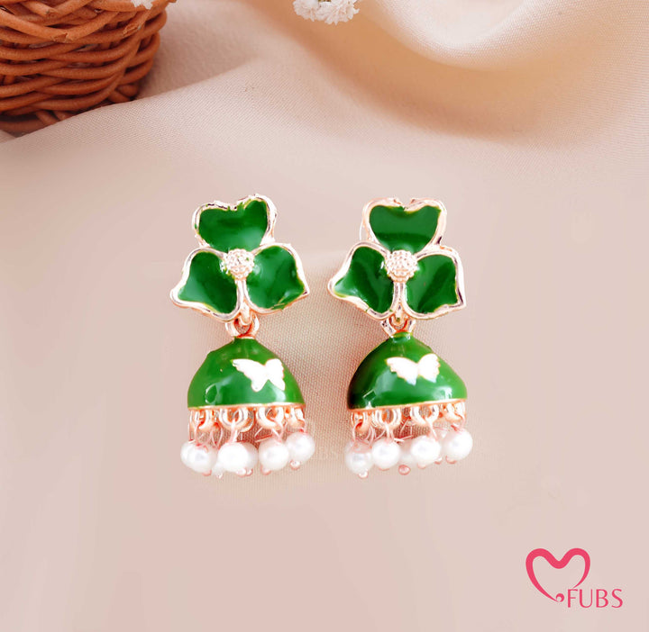 Floral Jhumka Earrings with Butterfly Detail and Pearl Drops