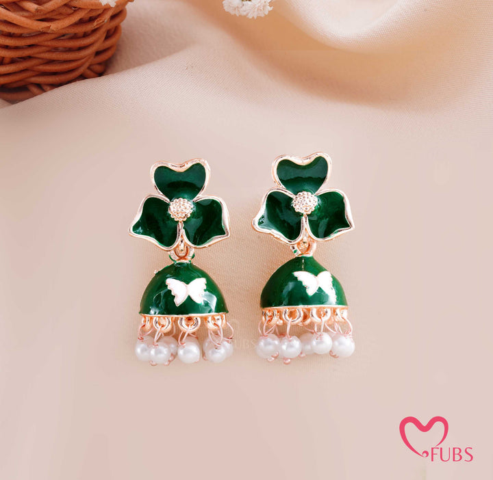 Floral Jhumka Earrings with Butterfly Detail and Pearl Drops