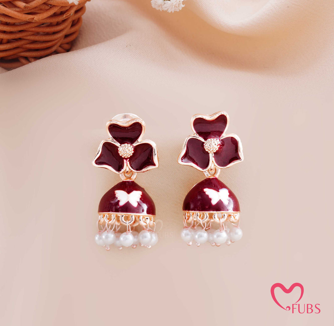 Floral Jhumka Earrings with Butterfly Detail and Pearl Drops