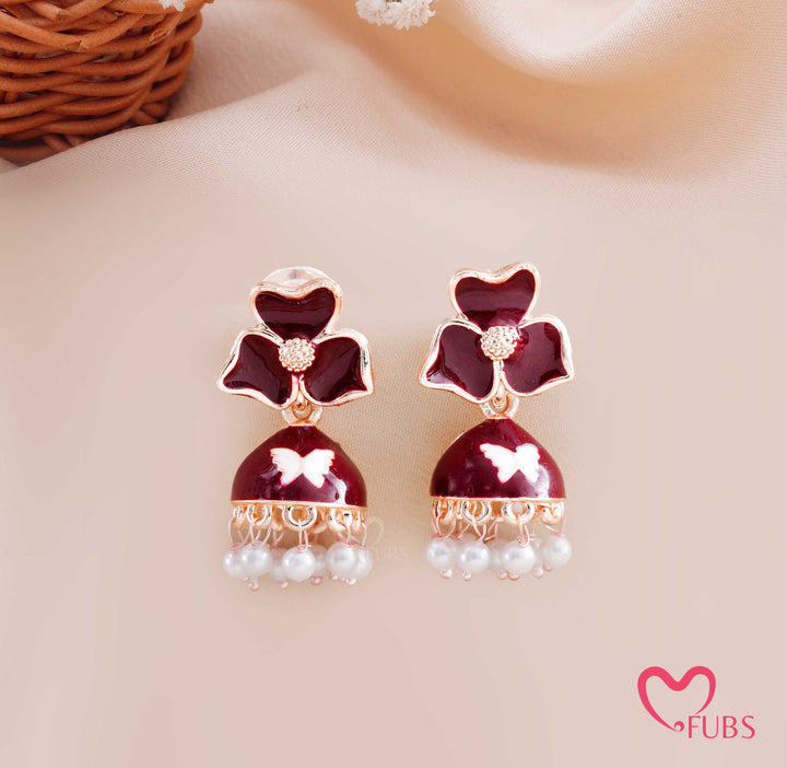Floral Jhumka Earrings with Butterfly Detail and Pearl Drops