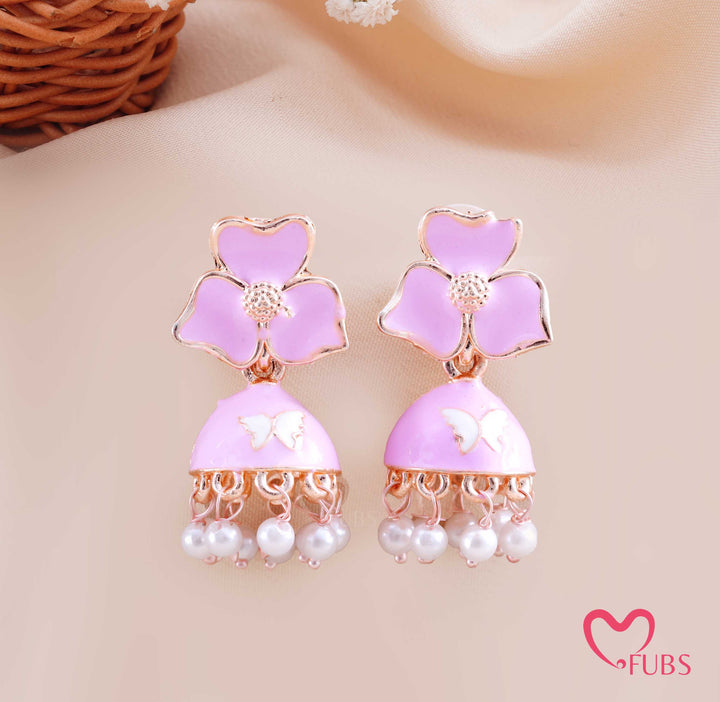 Floral Jhumka Earrings with Butterfly Detail and Pearl Drops