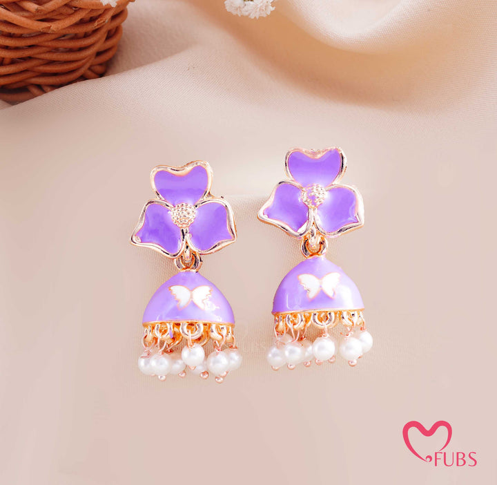 Floral Jhumka Earrings with Butterfly Detail and Pearl Drops