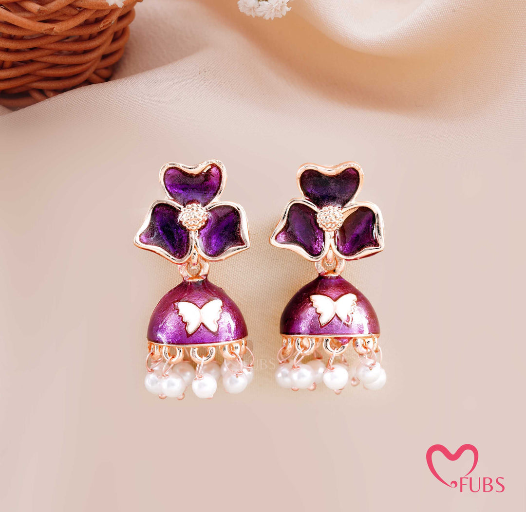 Floral Jhumka Earrings with Butterfly Detail and Pearl Drops