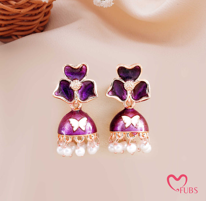 Floral Jhumka Earrings with Butterfly Detail and Pearl Drops