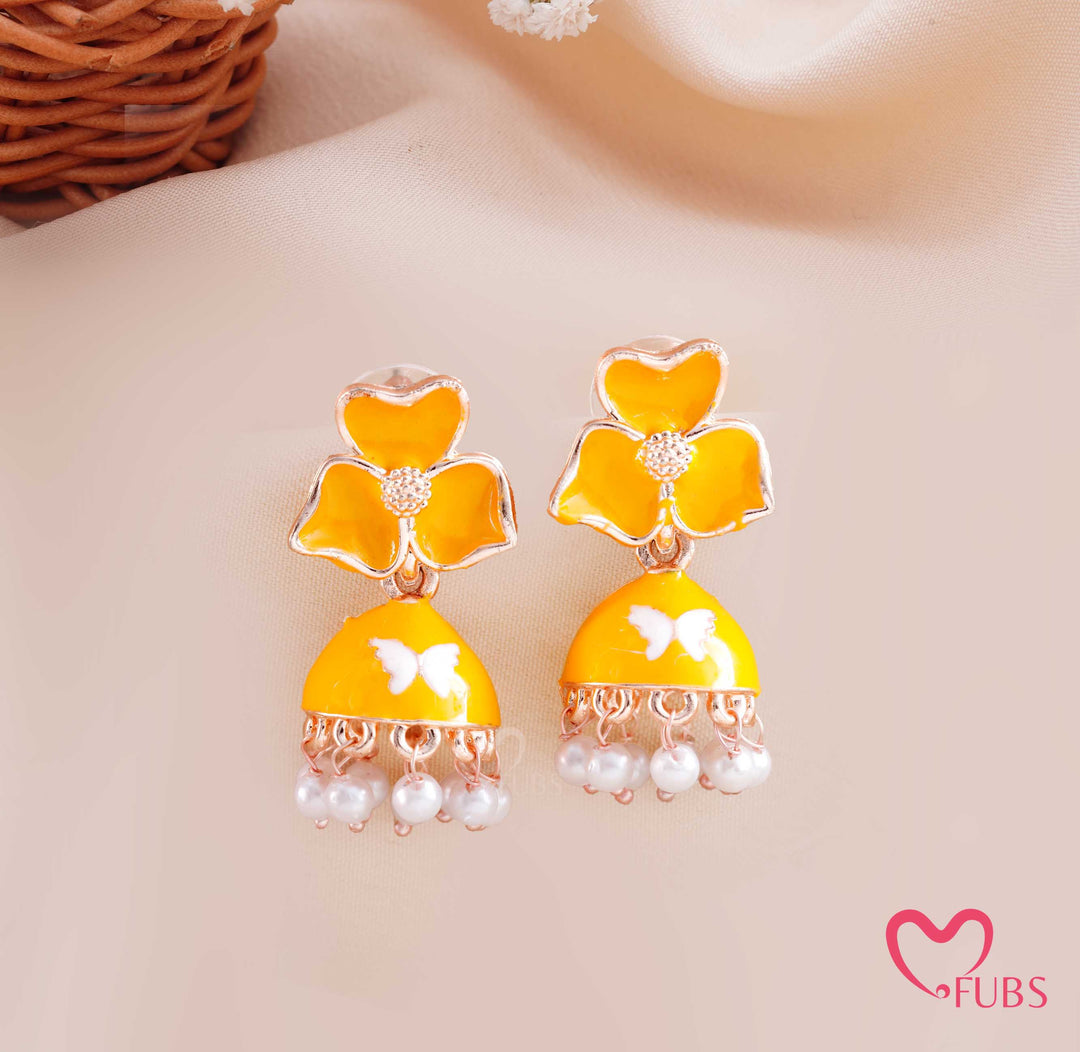 Floral Jhumka Earrings with Butterfly Detail and Pearl Drops