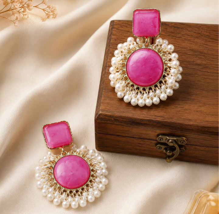 Pink Stone Drop Earrings with Pearl Border