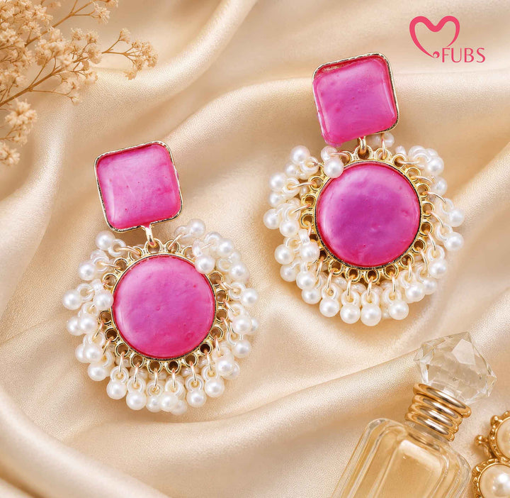 Pink Stone Drop Earrings with Pearl Border