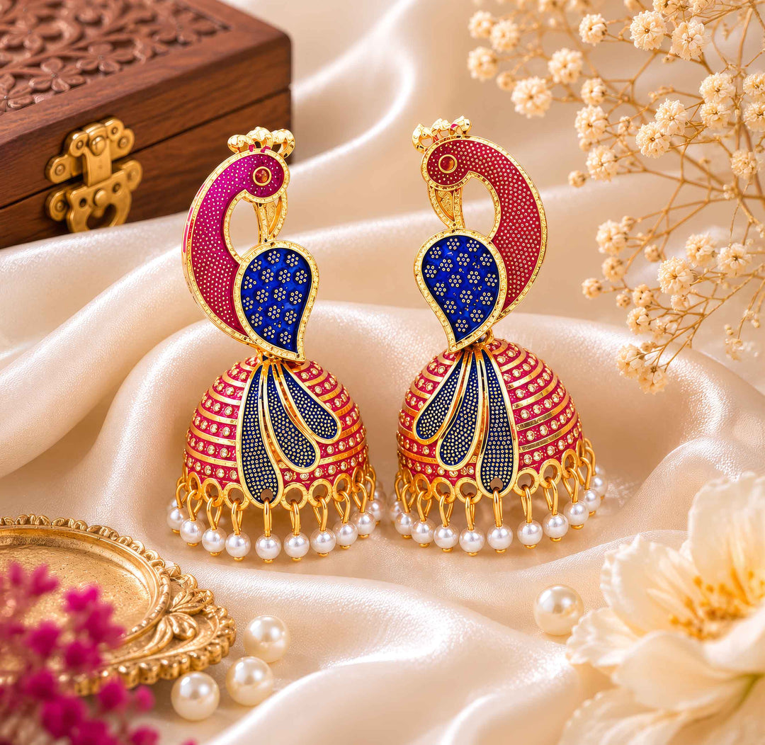 Peacock Design Jhumka Earrings with Hanging Pearls