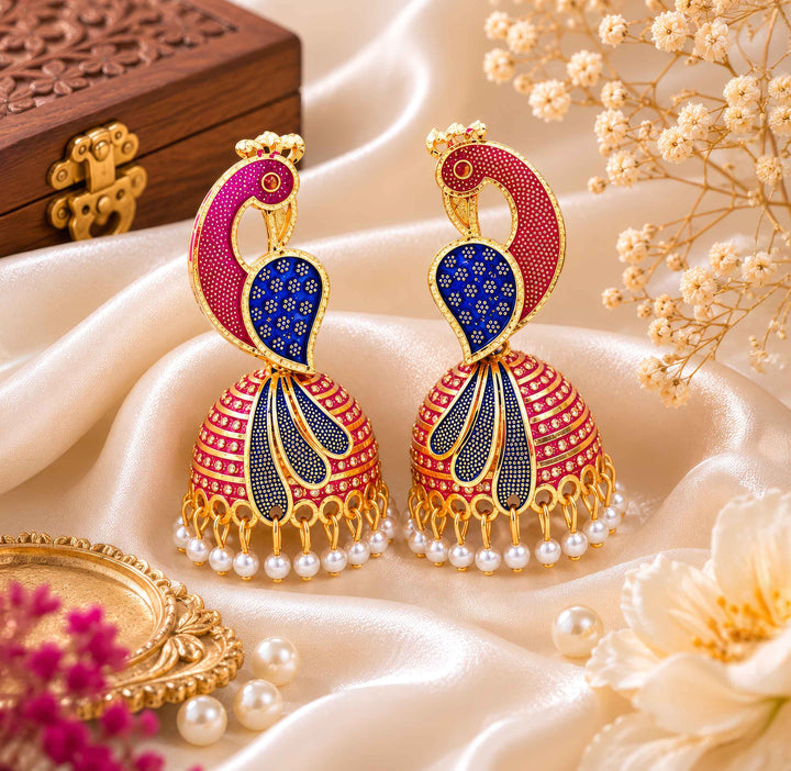 Peacock Design Jhumka Earrings with Hanging Pearls