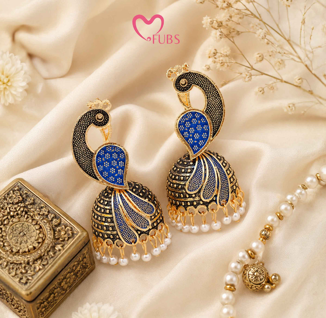 Peacock Design Jhumka Earrings with Hanging Pearls
