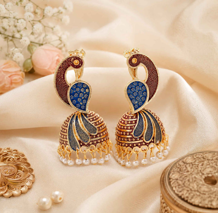 Peacock Design Jhumka Earrings with Hanging Pearls