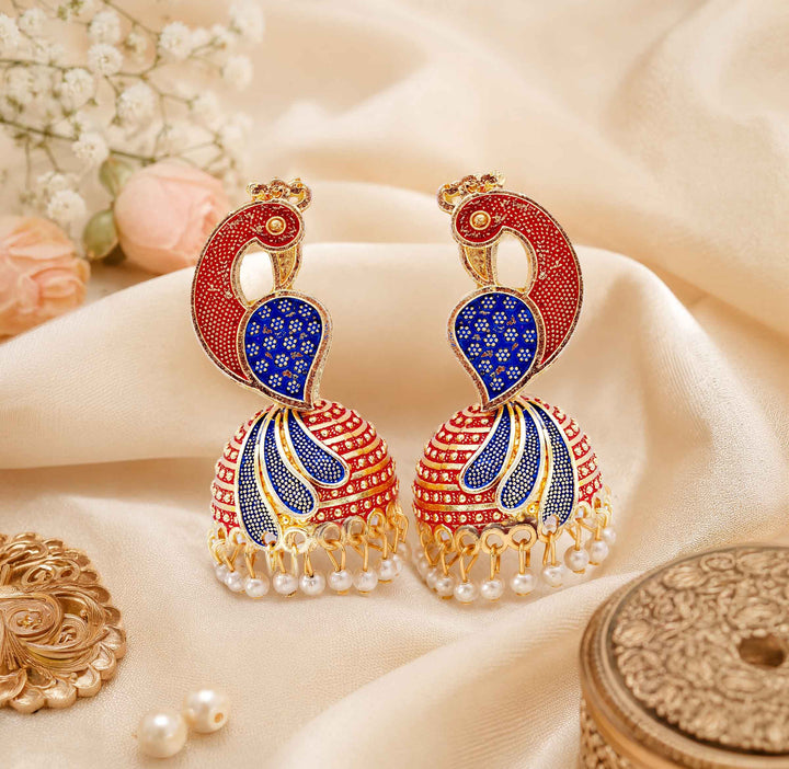 Peacock Design Jhumka Earrings with Hanging Pearls
