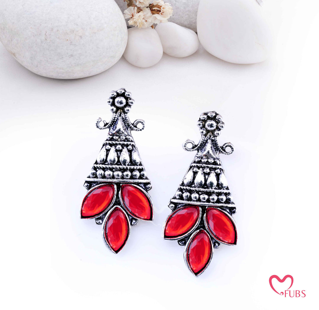 Oxidized Tribal Tiered Drop Earrings with Marquise Gems