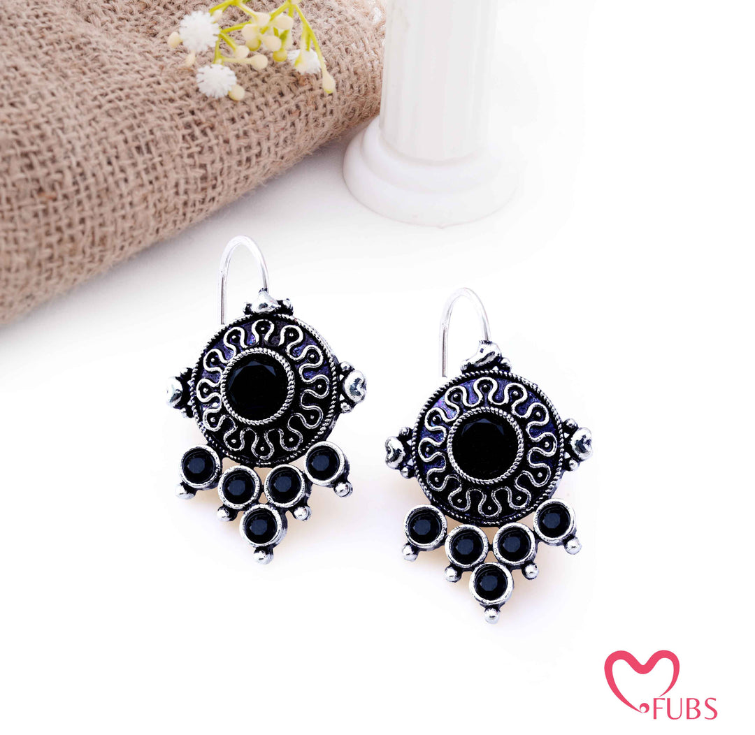 Oxidized Shield Drop Earrings with Faceted Stones