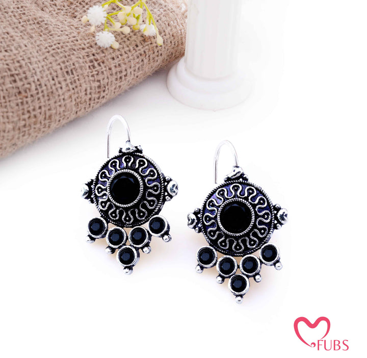 Oxidized Shield Drop Earrings with Faceted Stones