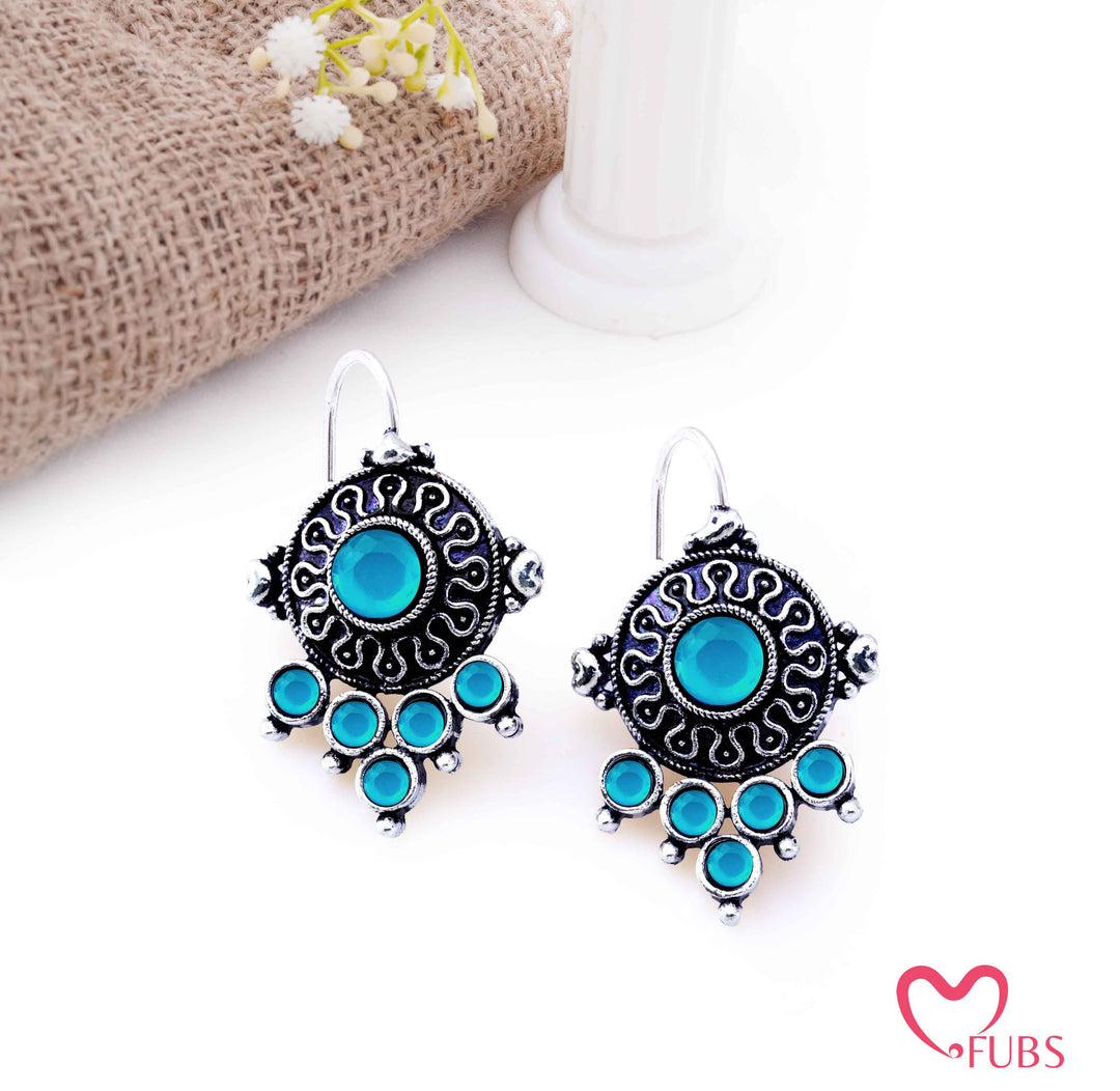Oxidized Shield Drop Earrings with Faceted Stones