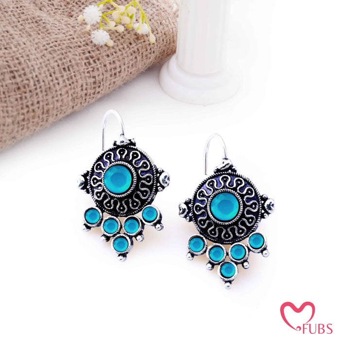 Oxidized Shield Drop Earrings with Faceted Stones