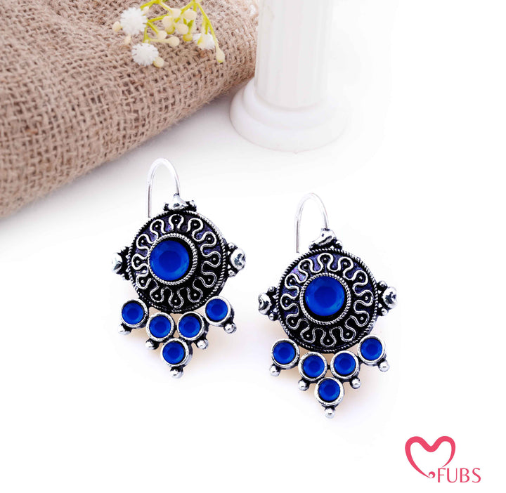 Oxidized Shield Drop Earrings with Faceted Stones