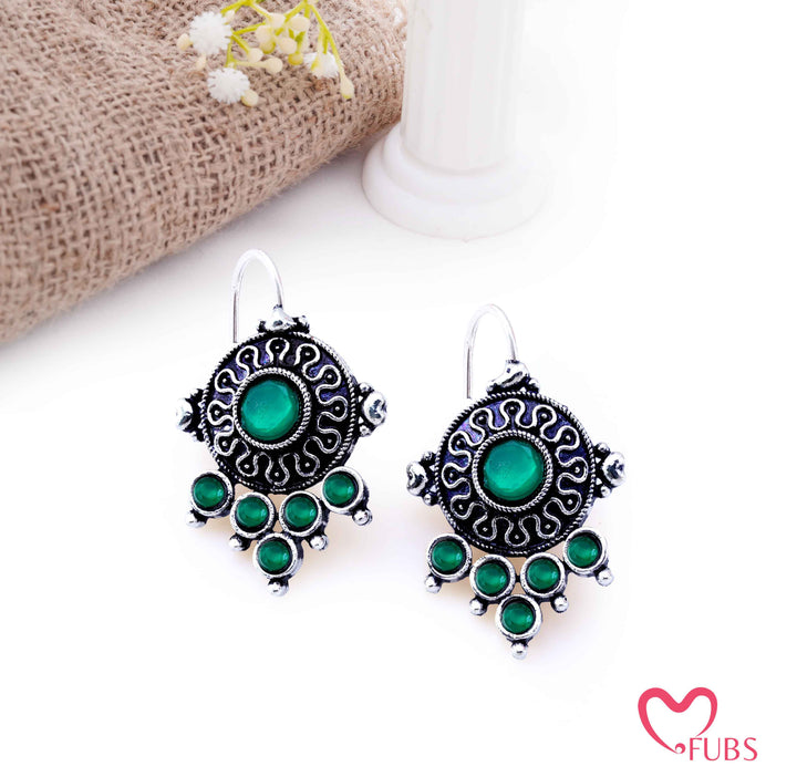 Oxidized Shield Drop Earrings with Faceted Stones