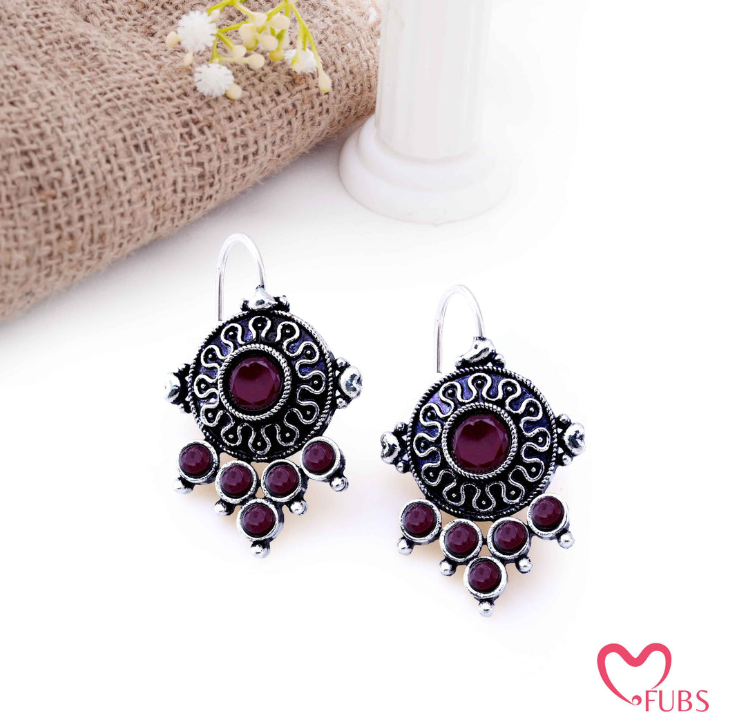 Oxidized Shield Drop Earrings with Faceted Stones