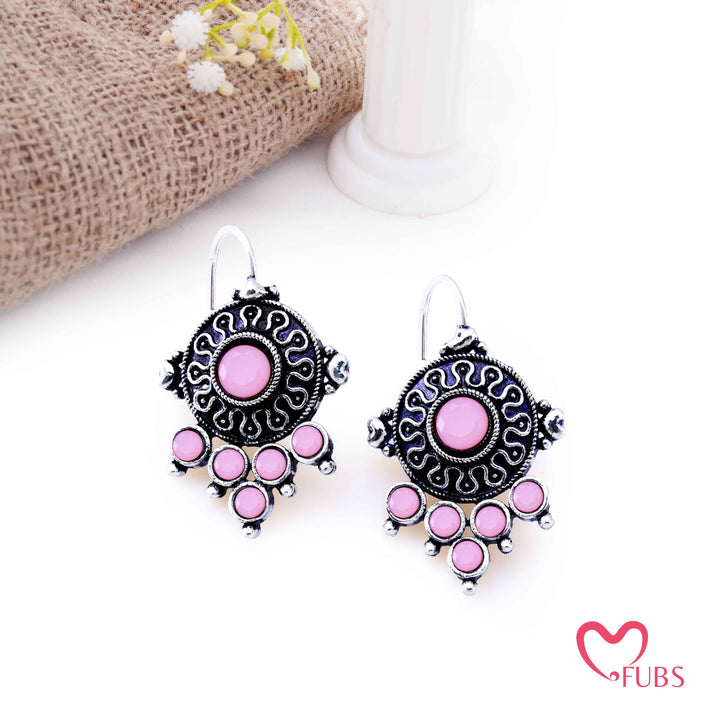 Oxidized Shield Drop Earrings with Faceted Stones