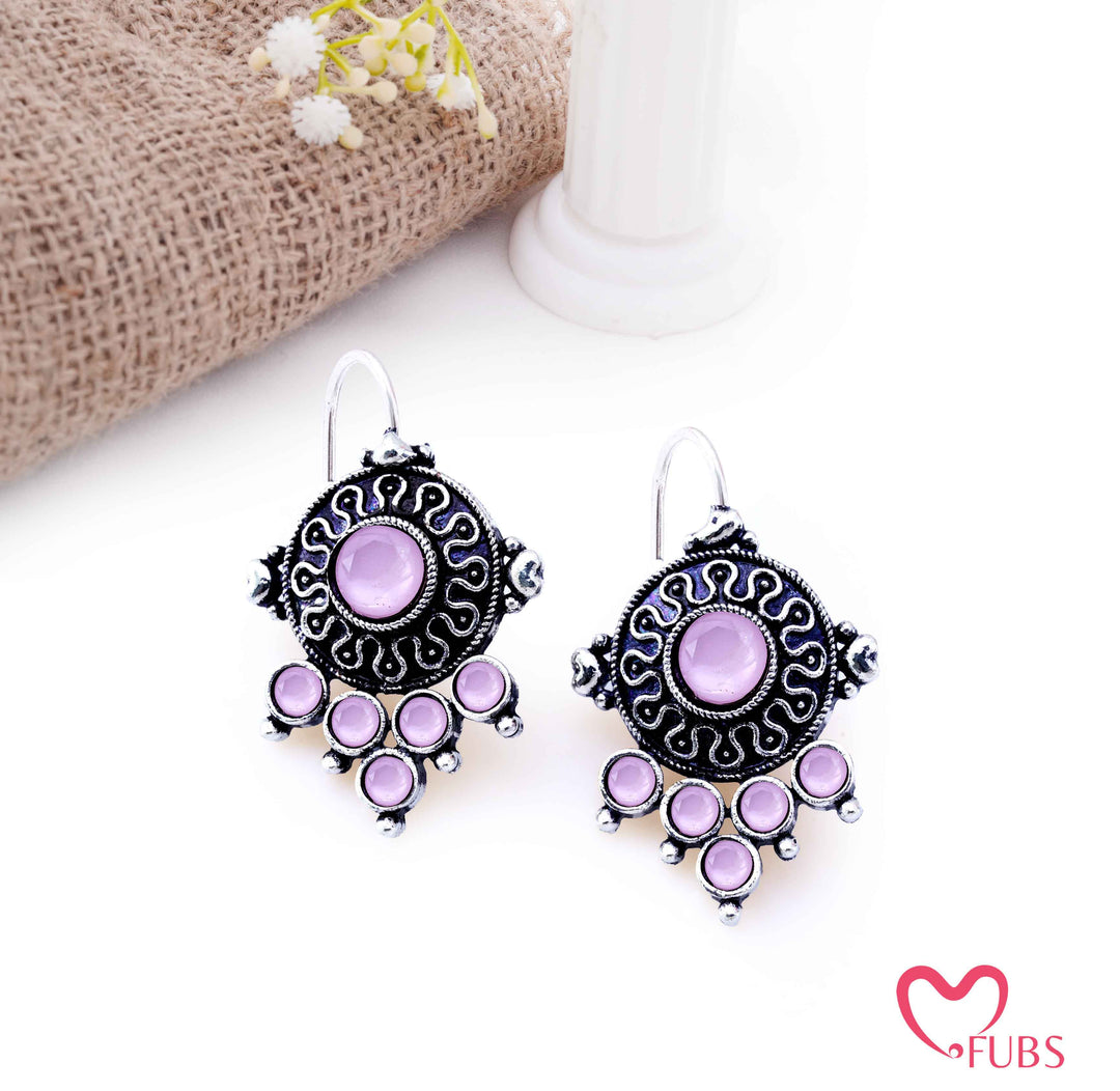Oxidized Shield Drop Earrings with Faceted Stones