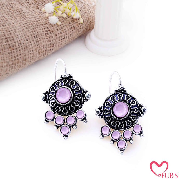 Oxidized Shield Drop Earrings with Faceted Stones