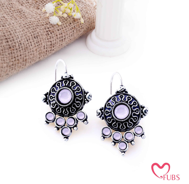 Oxidized Shield Drop Earrings with Faceted Stones