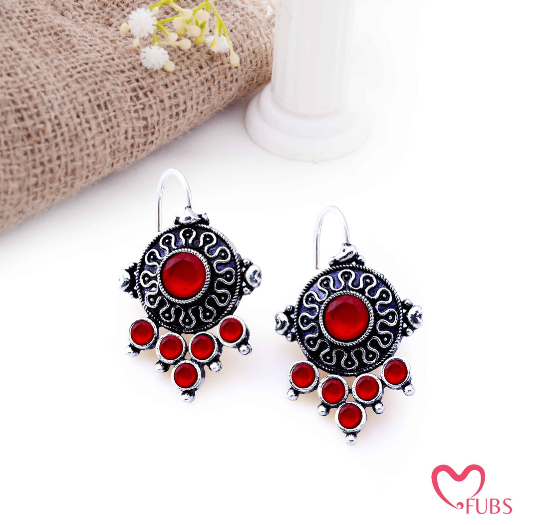 Oxidized Shield Drop Earrings with Faceted Stones