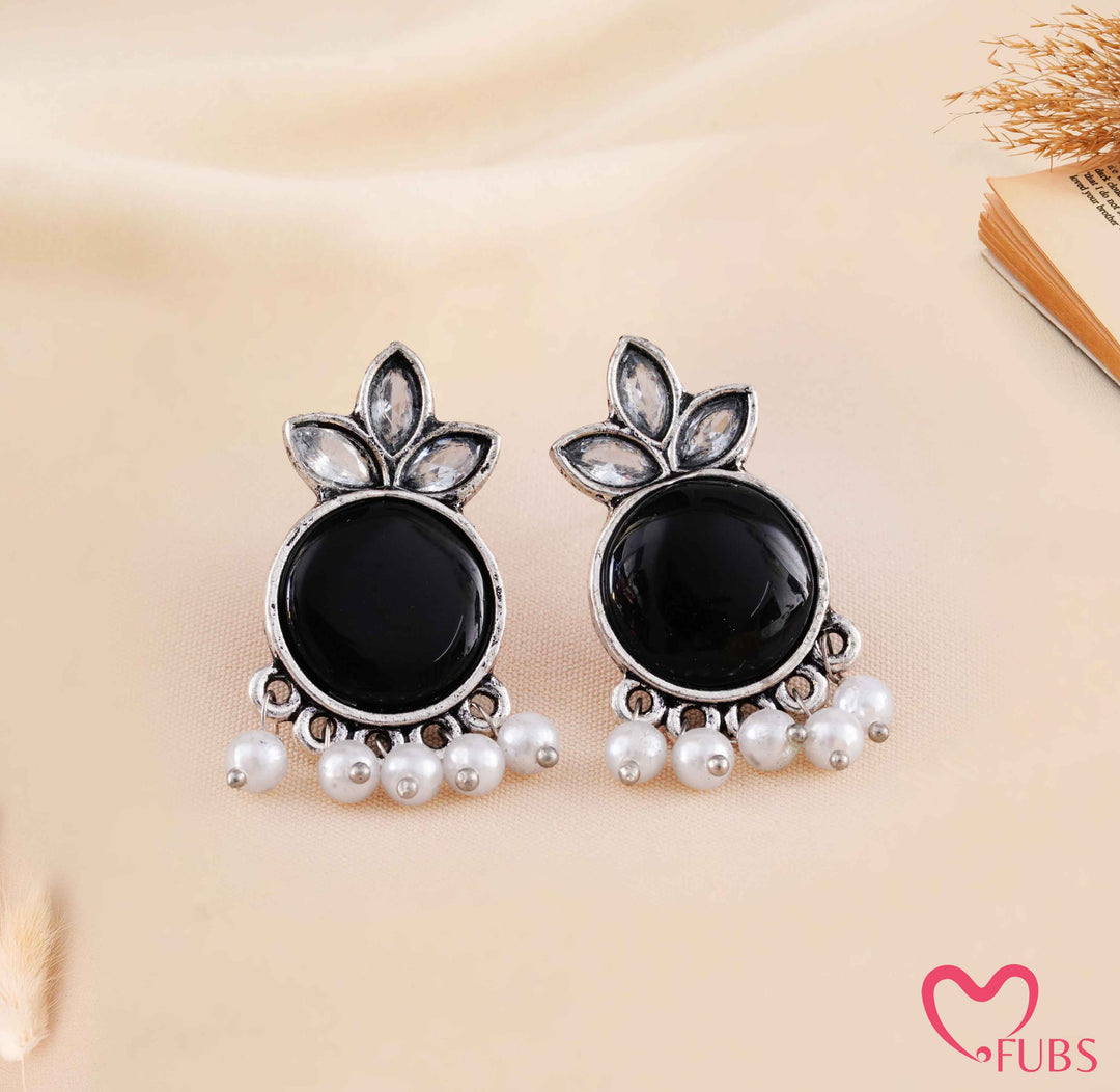 Oxidized Marquise Crystal Studs with Pearl Hangings