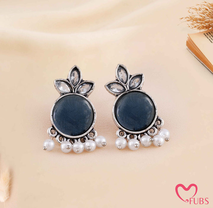 Oxidized Marquise Crystal Studs with Pearl Hangings