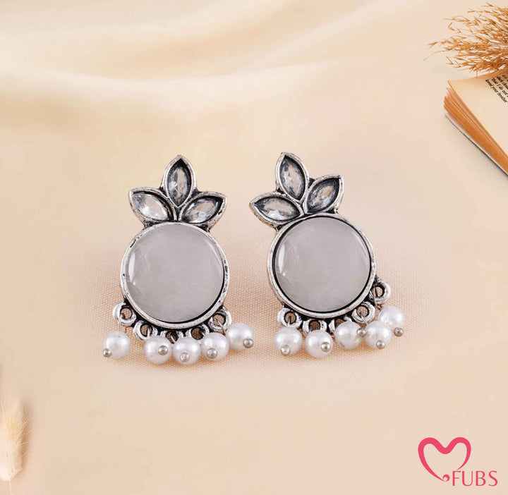 Oxidized Marquise Crystal Studs with Pearl Hangings