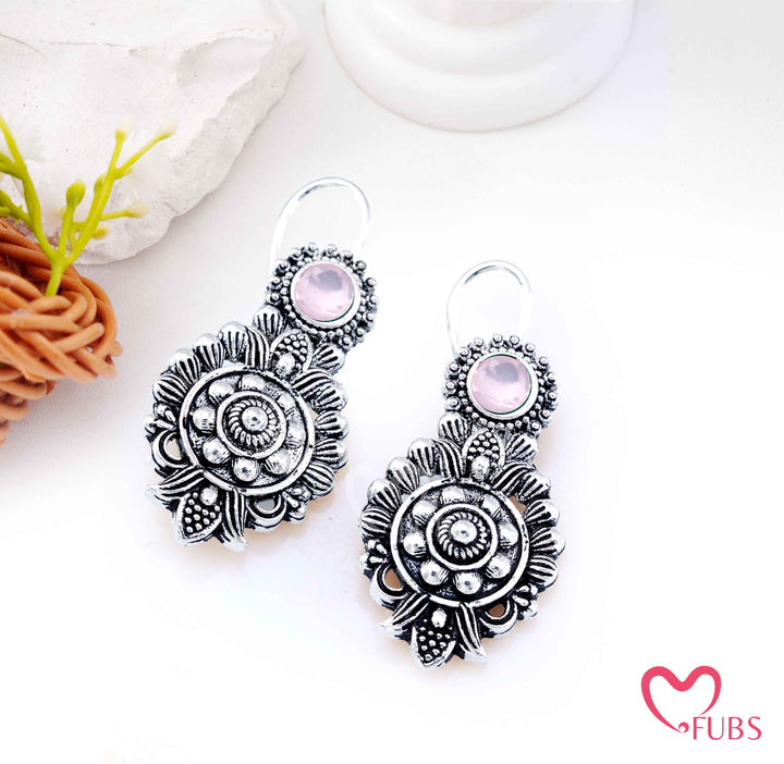 Oxidized Floral Medallion Drop Earrings