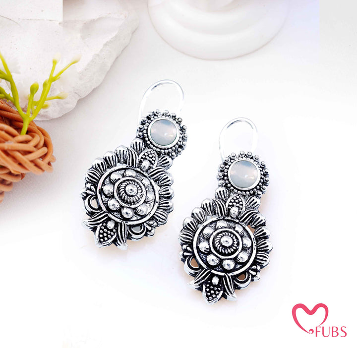 Oxidized Floral Medallion Drop Earrings