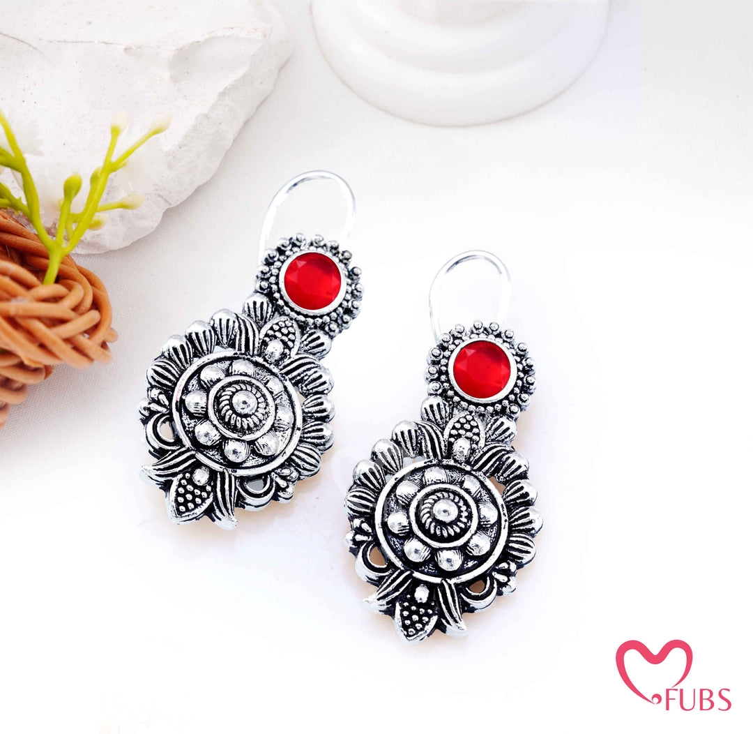 Oxidized Floral Medallion Drop Earrings