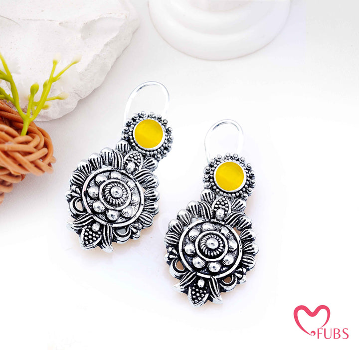Oxidized Floral Medallion Drop Earrings