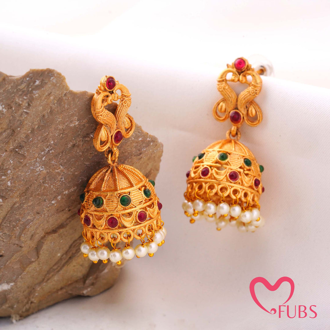 Temple Peacock Jhumka Earrings With Pearls